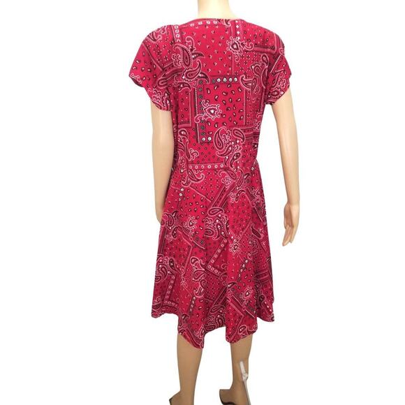 80s Midi Red Kerchief Print Dress Button Short Sleeve Crew Neck VINTAGE Size XL - Picture 6 of 8